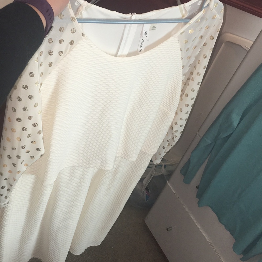Ivory Midi Dress with Gold Polka Dot Sleeves